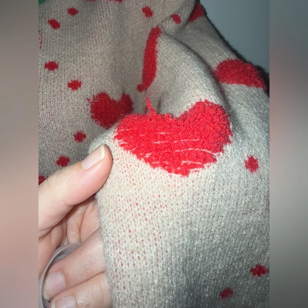 SHEIN Heart Patterned Cardigan Sweater Medium Tan Red Green Valentine's Day - Picture 5 of 9